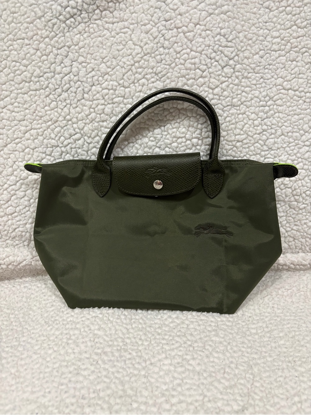 Longchamp Olive Green Nylon Tote with Black Leather Trim